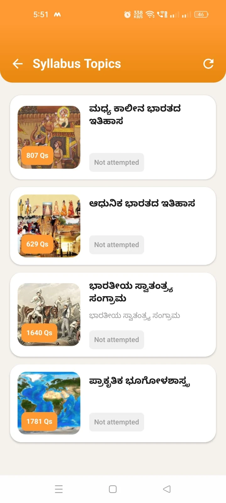 Syllabus topics in Kannada showing question counts per chapter
