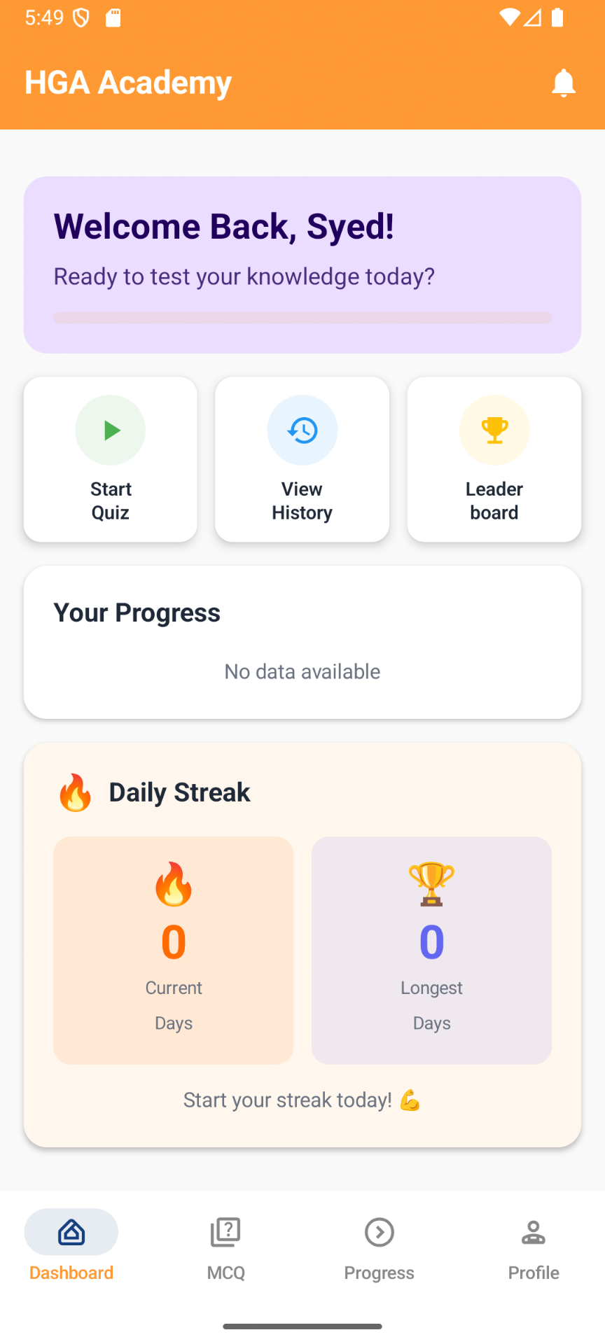 Home dashboard with daily streak, quick actions, and personalised welcome